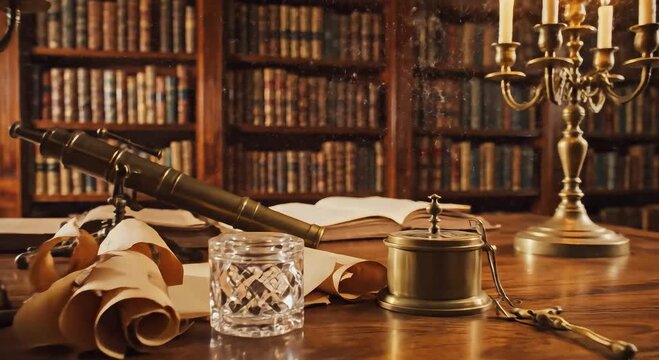 Warmly lit vintage library study with desk, candelabras and stationery