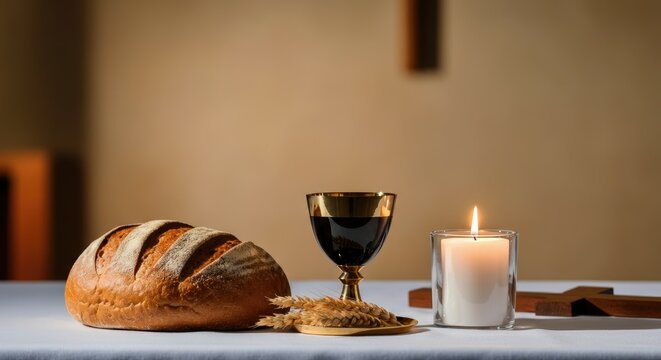 Bread, wine, candle, and cross on table symbolizing religious ceremony
