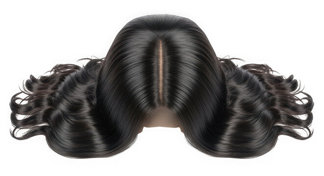 Natural looking long wavy black hair wig with a center part for a stylish and elegant appearance isolated on transparent background