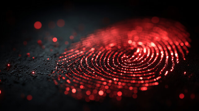 Digital fingerprint scan glowing red biometric identification closeup abstract cybersecurity concept for data protection, identity and technology design