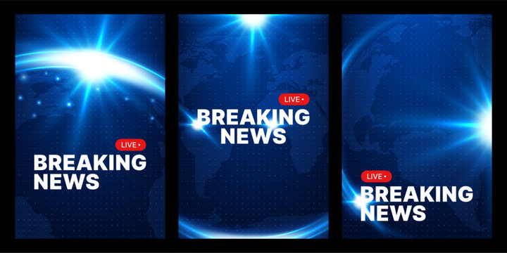 Breaking news broadcast graphic set with world map background. Digital television broadcast template with light effects. Global live reporting event design for media stream communication.