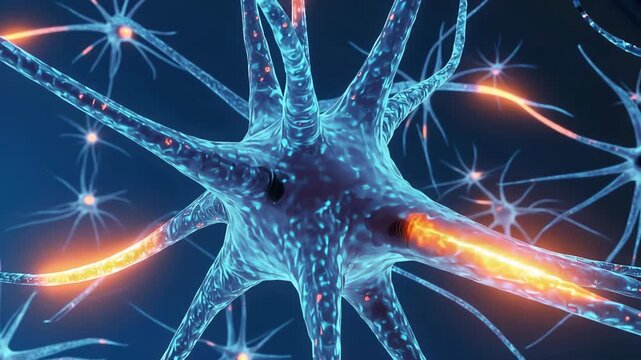 Detailed 3D illustration of neurons with glowing synapses and electrical signals in the human brain