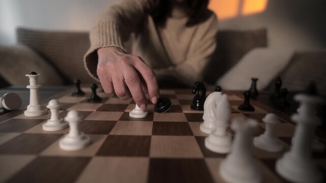 Woman And A Man Playing Chess At Home, Taking Chess Pieces One After Another, In An Intellectual Family Game, Pov View