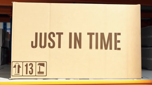 Close up of cardboard box with just in time text for logistics supply chain and warehouse management concept