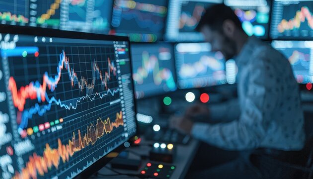 Medium shot of an algorithmic trading system executing taxloss trades with the computer screen in crisp detail and a blurred trader in the background.