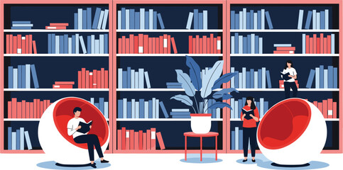 People sitting in egg chairs in front of library bookshelves with a plant © MstFerdausi