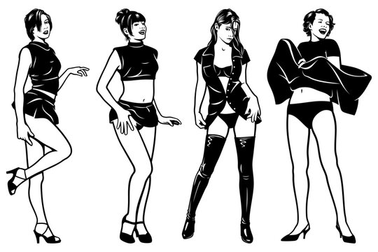 Up Skirts Pin Up Girls. Black and white vector cliparts in pop art style.