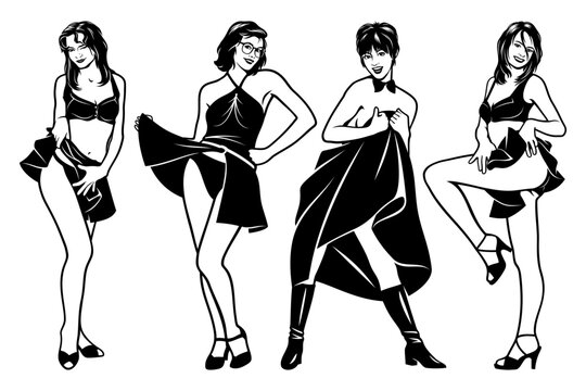 Pin Up Girls Up Skirts. Black and white vector cliparts in pop art style.