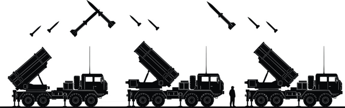 Missile defense system silhouette illustration with trucks, military technology artwork, combat readiness design concept, black and white vector template set