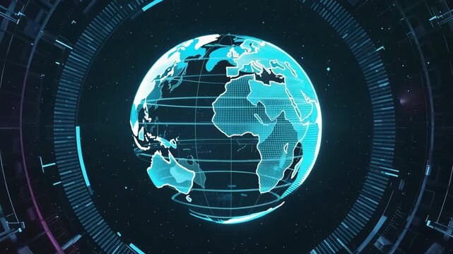 Digital globe with futuristic technology background showing Earth continents in blue hologram style