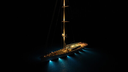 Aerial drone night shot of illuminated sail boat with wooden deck anchored in deep blue Aegan sea © aerial-drone