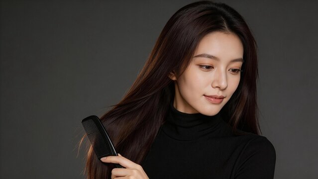 Woman combing her long hair