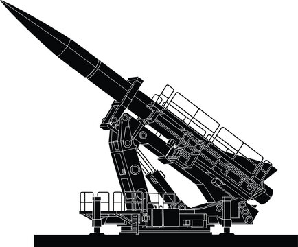 Missile launcher system technical illustration, defense engineering artwork, military technology design concept, black and white blueprint vector template set