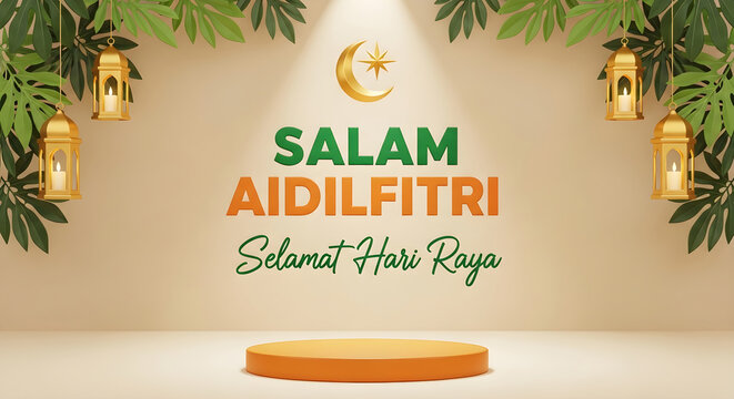 Eid mubarak greeting salam aidilfitri with lanterns and floral decorations