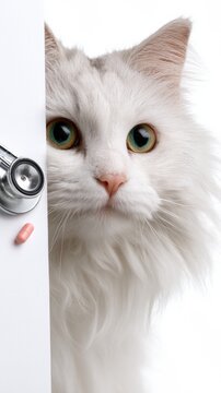 Fluffy white cat with stethoscope and capsule represents veterinary care