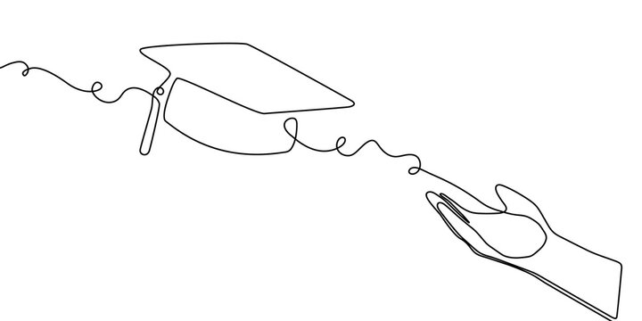 Continuous one line hat cap student college education icon illustration university study. Hat one line cap school outline hand linear book certificate graduate silhouette academy tassel degree grad.