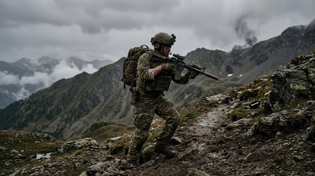 Soldier aiming rifle on mountain trail with smoke rising from distant slopes