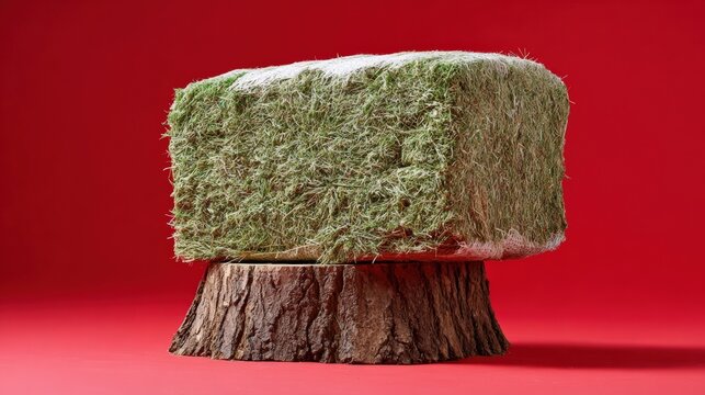 Hay bale on tree stump against red background