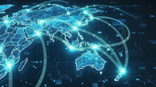 Global digital network connections with glowing data points on world map for technology and communication