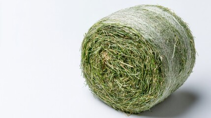 Fototapeta premium Large round hay bale wrapped in netting on white background