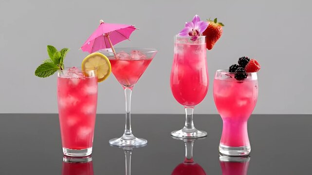 Four pink cocktails with umbrellas and fruit on a black background