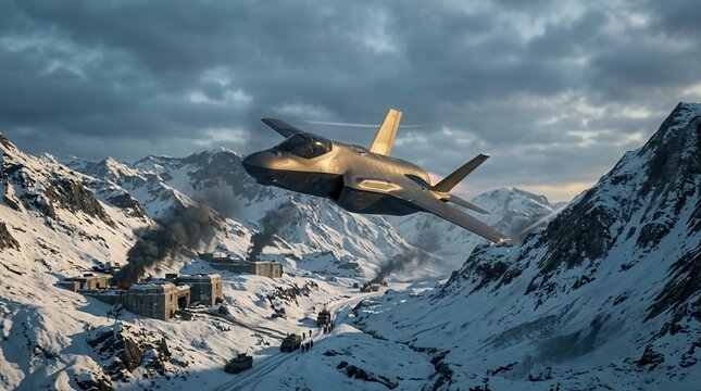 Stealth combat aircraft flying through snowy mountain pass above military outpost