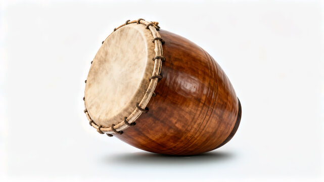 Traditional wooden drum with leather head, authentic ethnic musical instrument isolated on white background. Percussion for cultural performance.