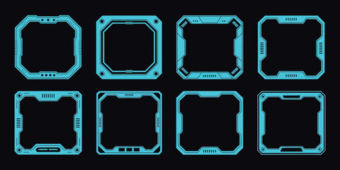 Blue futuristic borders frame vector with technology graphic elements, cyber interface HUD dashboard layout, hologram display, sci fi visual illustration for UI design, screens and digital templates © Raxzen