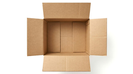 An open empty brown cardboard box for shipping and storage isolated on a white background as a blank parcel container for delivery and packaging