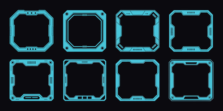 Blue futuristic borders frame vector with technology graphic elements, cyber interface HUD dashboard layout, hologram display, sci fi visual illustration for UI design, screens and digital templates