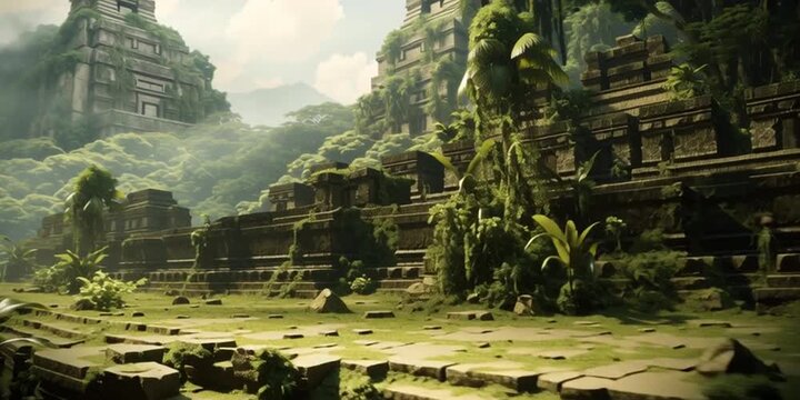 ancient and overgrown mayan temple ruins in the jungle, lost place in the amazon rainforest