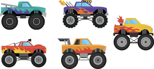 Cartoon monster truck collection vector illustration, colorful off road racing vehicles with flame decals and big tires isolated on white background © Liton Roy