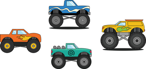 Cartoon monster trucks set vector illustration, colorful off road pickup vehicles with big tires and flame decals isolated on white background © Liton Roy
