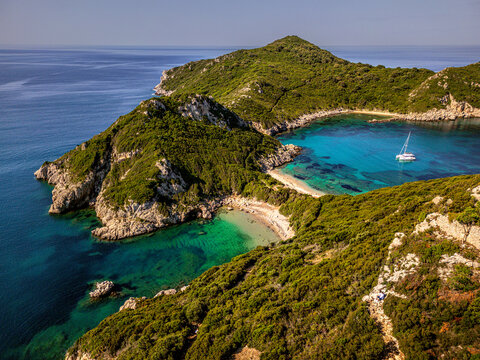 Aerial view of Porto Timoni double beach in Corfu, Greece, Europe - beautiful coastal landscape.