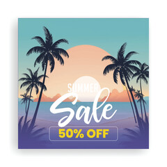 Fototapeta premium Summer background for Summer sale and beach party social media post, ads design Summer sale announcement with tropical palm trees and sunset over ocean with sale offer discount for social media ads