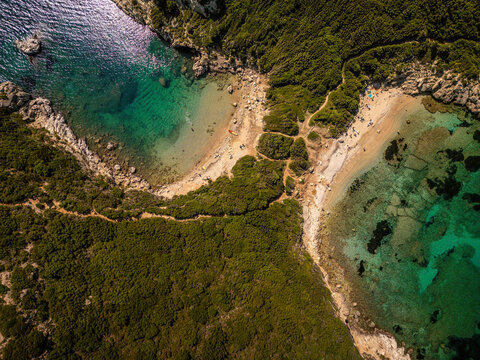 Aerial view of Porto Timoni double beach in Corfu, Greece, Europe - beautiful coastal landscape.