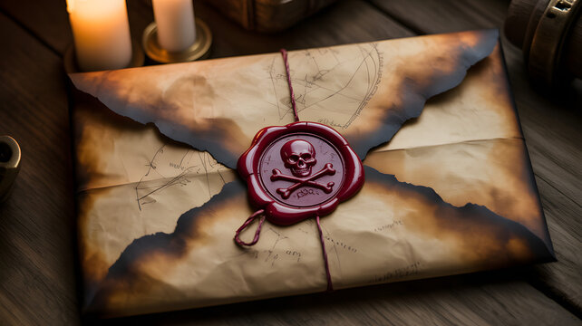 vintage pirate treasure map letter with red skull wax seal, aged burnt parchment paper on wooden table, mystery quest adventure document, nautical secret envelope, ancient pirate scroll, pirate decor