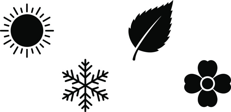 Seasonal icons featuring sun leaf snowflake and flower