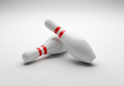 Two white bowling pins with red stripes knocked over on a plain background illustration