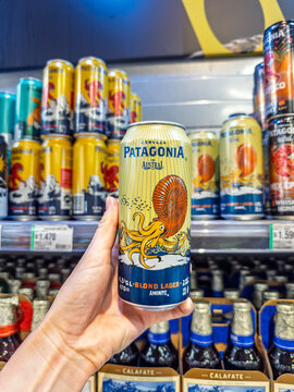 Santiago de Chile, Chile - March 19, 2026: A hand holding a can of Patagonia por Austral Amonite Blond Lager beer in front of a supermarket shelf stocked with various alcoholic beverages in a grocery 
