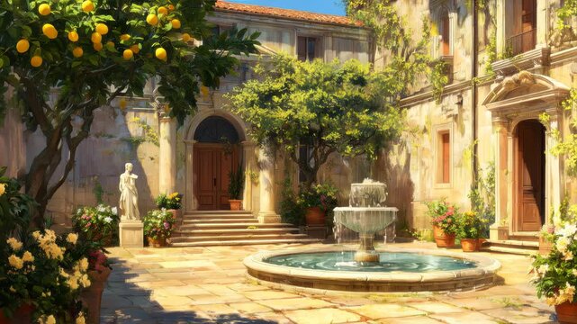 Beautiful courtyard featuring lemon trees, a stone fountain, and classical statues, surrounded by colorful flowers and warm sunlight enhancing the inviting atmosphere