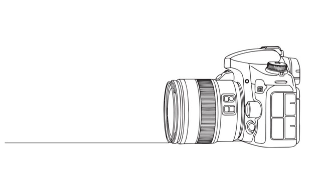 A minimalist single line drawing of a digital dslr camera isolated on a clean white background