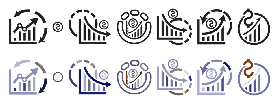 A collection of financial growth and decline icons featuring bar charts and dollar sign symbols