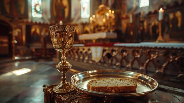 A close-up photograph of the Holy Communion bread and wine placed on an ornate silver tray, set against the backdrop of a traditional church altar