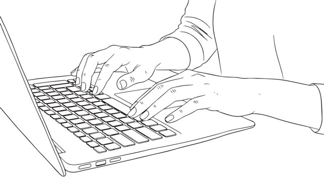A simple line drawing showing a person typing on a laptop computer keyboard in a minimalist style