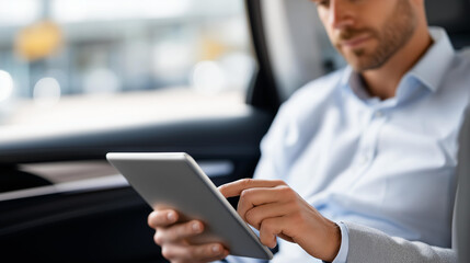 Fototapeta premium Man using a tablet on the backseat of a modern car, male digital and travel lifestyle concept, defocused background, with copy space