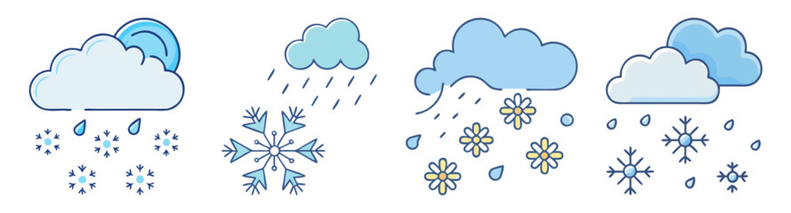 Fototapeta premium set of winter weather elements with falling snowflakes and clouds flat design vector illustration