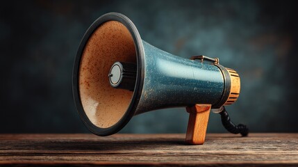 Vintage Teal Megaphone on Wooden Table
