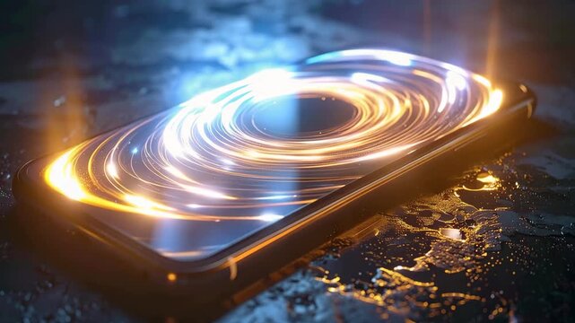 Smart Phone Energy Swirl: A sleek smartphone pulsates with an energetic swirl, embodying the convergence of modern technology and dynamic connectivity.