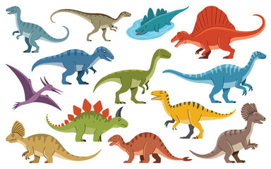 Cartoon Jurassic dinosaurs vector set featuring raptors, predators and herbivores, including tyrannosaurus, stegosaurus and pterodactyl, prehistoric reptile illustration collection for kids © Raxzen